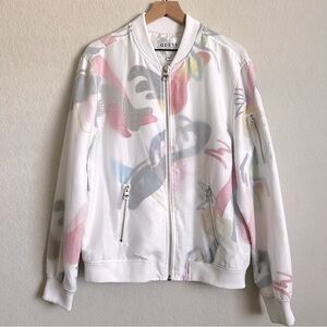GUESS Los Angeles Voile Pop-Art Silk Blend Bomber Jacket White Abstract L